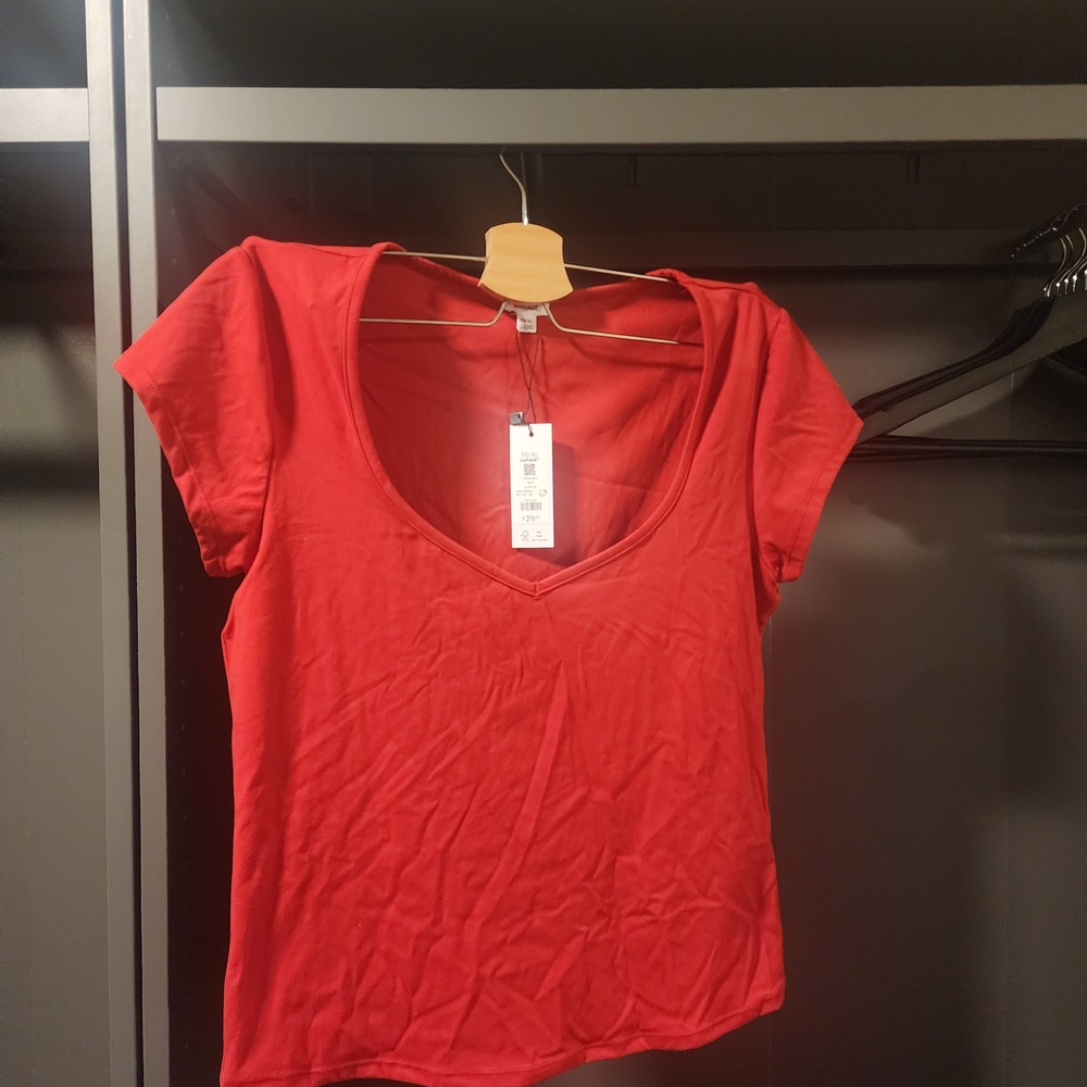 Garage Red Short Sleeve V-Neck Top